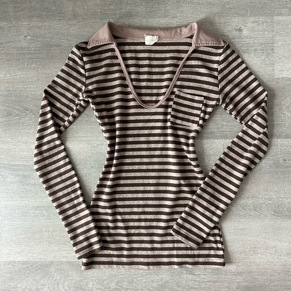 Striped Brown and Cream Women's Top V Neck Polo Y2K